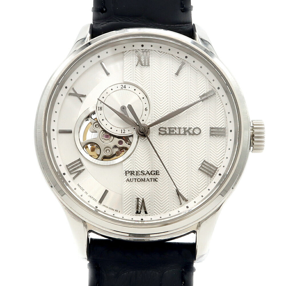 SEIKO セイコー プレザージュ ジャパニーズガーデン 4R39-00W0 オープンハート 裏スケ 白 ホワイト シルバー SS ステンレス 純正ベルト 純正尾錠 メンズ 自動巻き プレサージュ【6ヶ月保証】【腕時計】【中古】