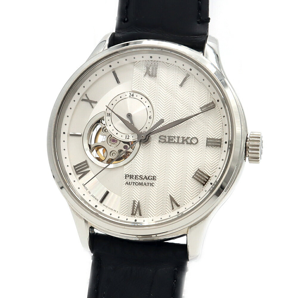 SEIKO セイコー プレザージュ ジャパニーズガーデン 4R39-00W0 オープンハート 裏スケ 白 ホワイト シルバー SS ステンレス 純正ベルト 純正尾錠 メンズ 自動巻き プレサージュ【6ヶ月保証】【腕時計】【中古】