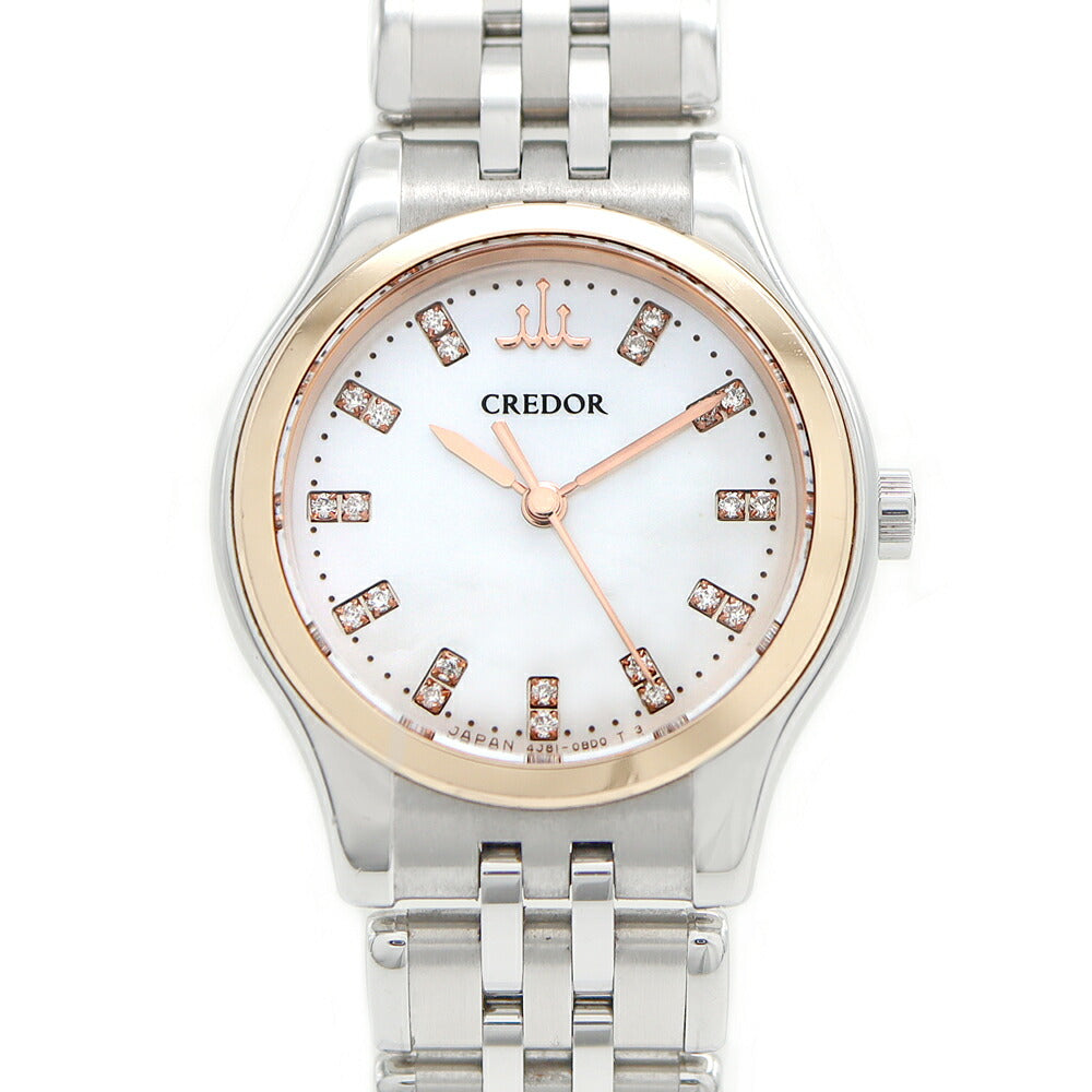 電池交換済 SEIKO セイコー クレドール シグノ 4J81-0AW0 ダイヤモンド 22Pダイヤ 白 ホワイトシェル K18PG ピンクゴールド SS ステンレス コンビ レディース クォーツ【6ヶ月保証】【腕時計】【中古】