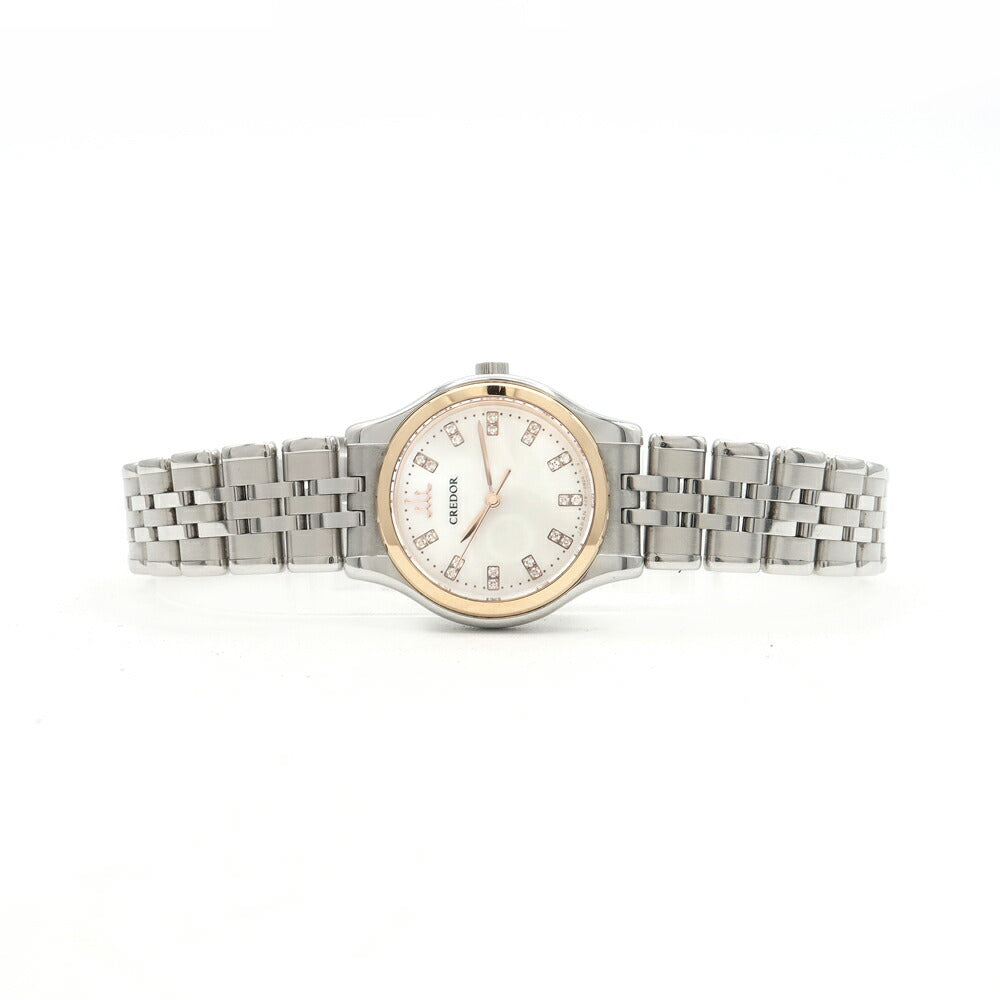 電池交換済 SEIKO セイコー クレドール シグノ 4J81-0AW0 ダイヤモンド 22Pダイヤ 白 ホワイトシェル K18PG ピンクゴールド SS ステンレス コンビ レディース クォーツ【6ヶ月保証】【腕時計】【中古】
