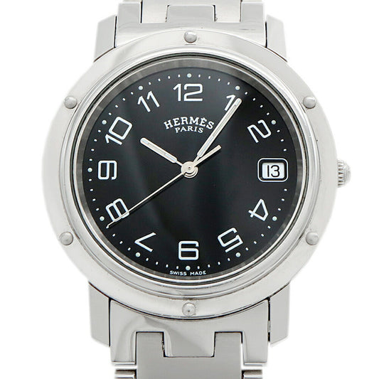 電池交換済 HERMES エルメス クリッパー CL6.710 デイト 30m防水 黒 ブラック SS ステンレス メンズ クォーツ【6ヶ月保証】【腕時計】【中古】