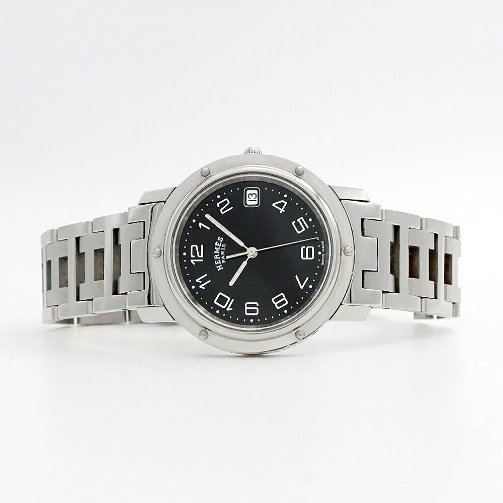 電池交換済 HERMES エルメス クリッパー CL6.710 デイト 30m防水 黒 ブラック SS ステンレス メンズ クォーツ【6ヶ月保証】【腕時計】【中古】