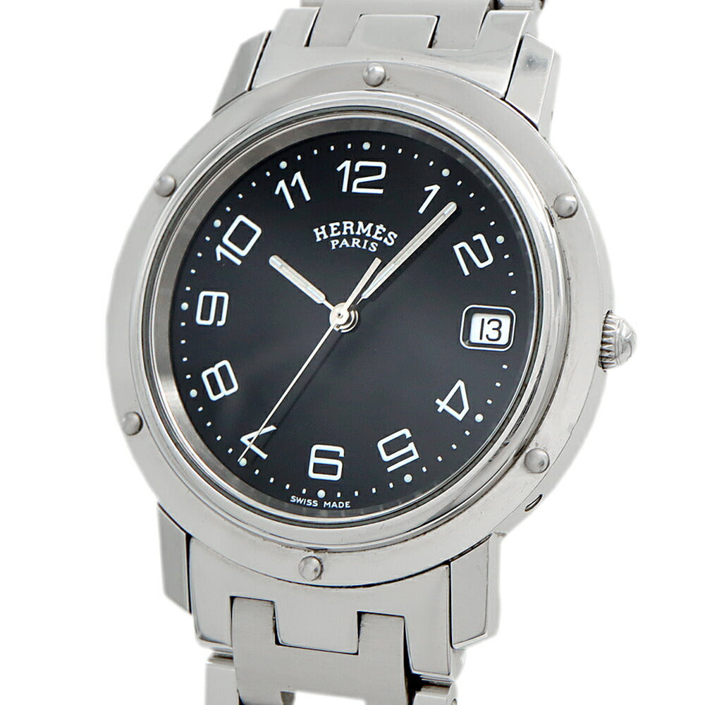 電池交換済 HERMES エルメス クリッパー CL6.710 デイト 30m防水 黒 ブラック SS ステンレス メンズ クォーツ【6ヶ月保証】【腕時計】【中古】