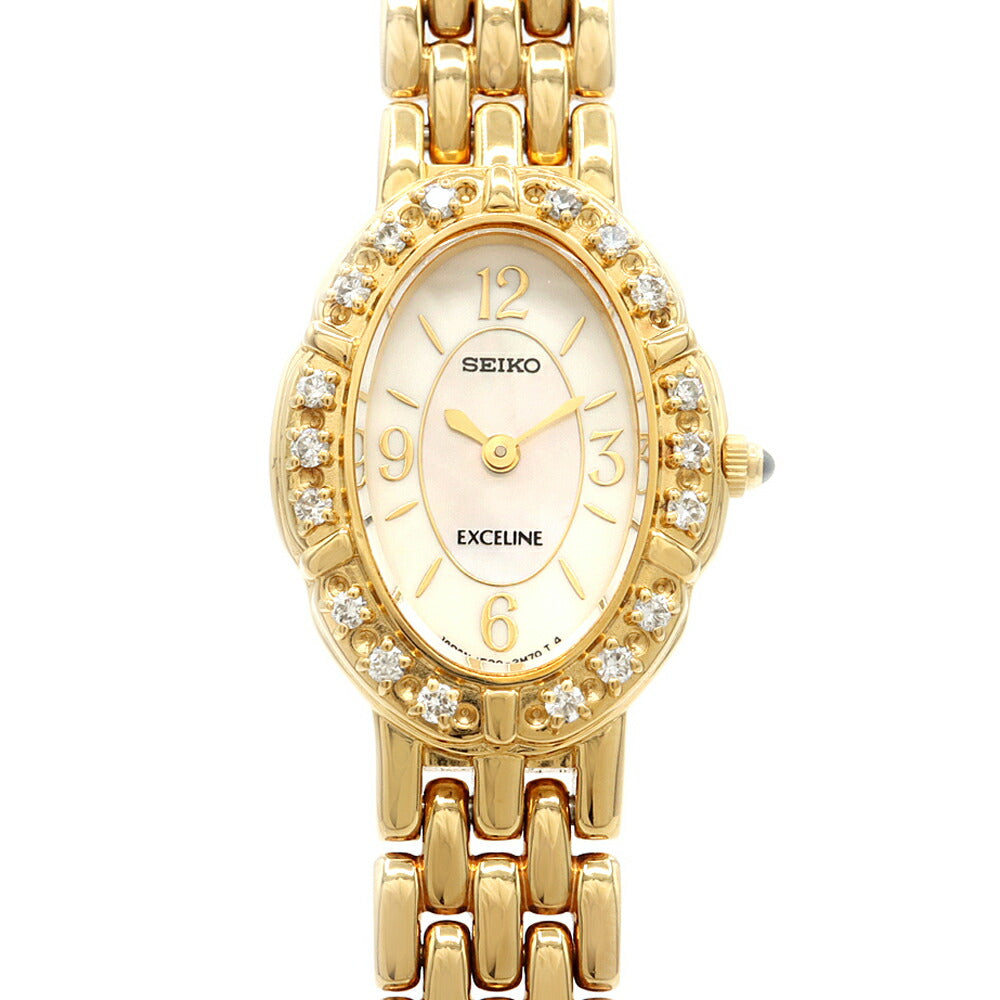 電池交換済 SEIKO セイコー エクセリーヌ ダイヤベゼル 1F20-6D80 ダイヤモンド 白 ホワイトシェル YGP イエローゴールド レディース クォーツ【6ヶ月保証】【腕時計】【中古】