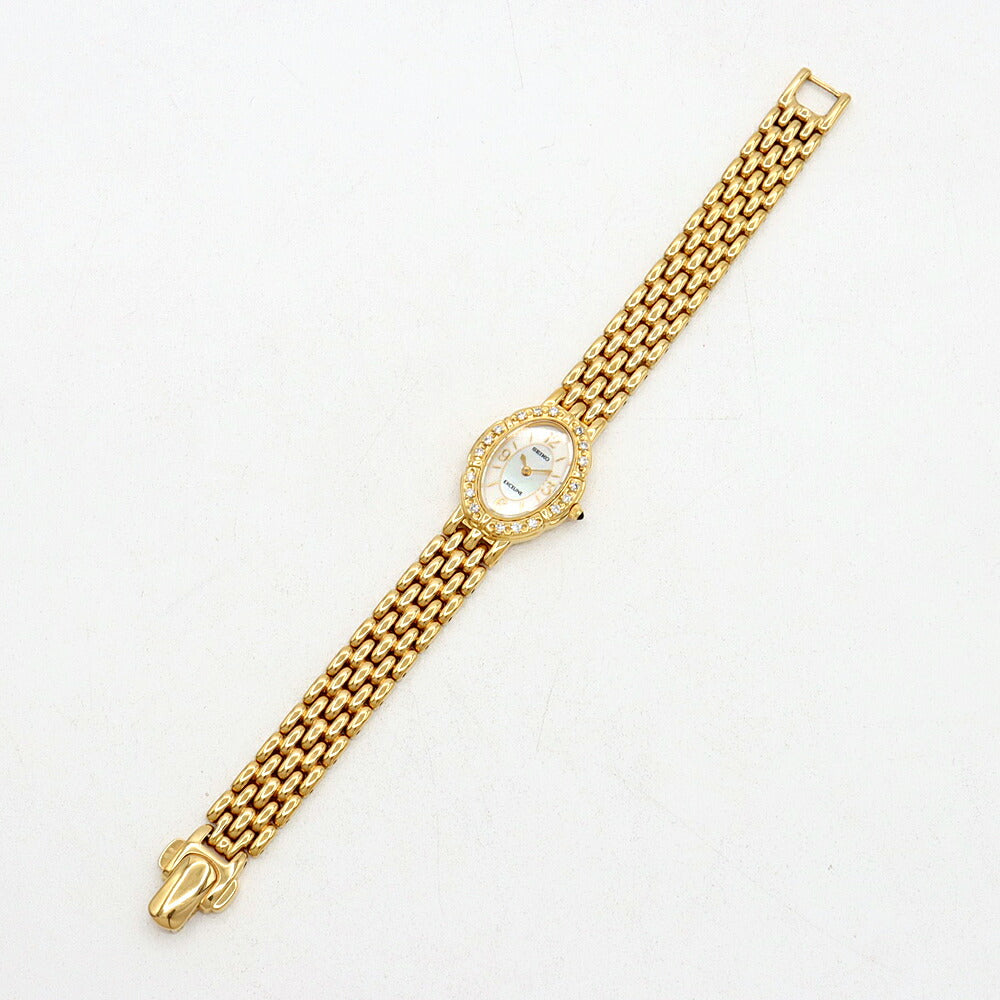 電池交換済 SEIKO セイコー エクセリーヌ ダイヤベゼル 1F20-6D80 ダイヤモンド 白 ホワイトシェル YGP イエローゴールド レディース クォーツ【6ヶ月保証】【腕時計】【中古】