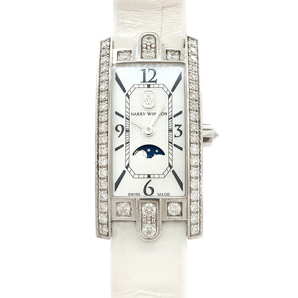電池交換済 HARRY WINSTON ハリーウィンストン アヴェニューC ミニ ムーンフェイズ 純正ダイヤベゼル AVCQMP16WW001 ダイヤモンド リューズダイヤ 白 ホワイトシェル K18WG ホワイトゴールド レディース クォーツ　アベニュー【6ヶ月保証】【腕時計】【中古】