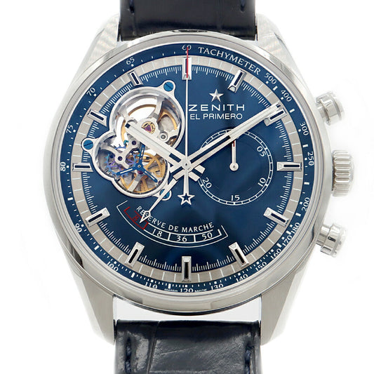 内部点検済 ZENITH ゼニス エルプリメロ クロノマスター オープン パワーリザーブ トリビュート シャルル ベルモ 限定1975本 03.2085.4021 クロノグラフ 100m防水 青 ブルー SS ステンレス 純正ベルト 純正尾錠 メンズ 自動巻き【6ヶ月保証】【腕時計】【中古】