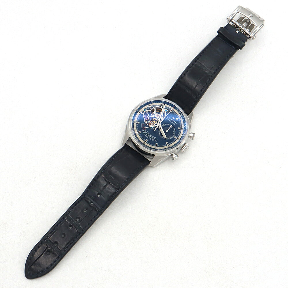 内部点検済 ZENITH ゼニス エルプリメロ クロノマスター オープン パワーリザーブ トリビュート シャルル ベルモ 限定1975本 03.2085.4021 クロノグラフ 100m防水 青 ブルー SS ステンレス 純正ベルト 純正尾錠 メンズ 自動巻き【6ヶ月保証】【腕時計】【中古】