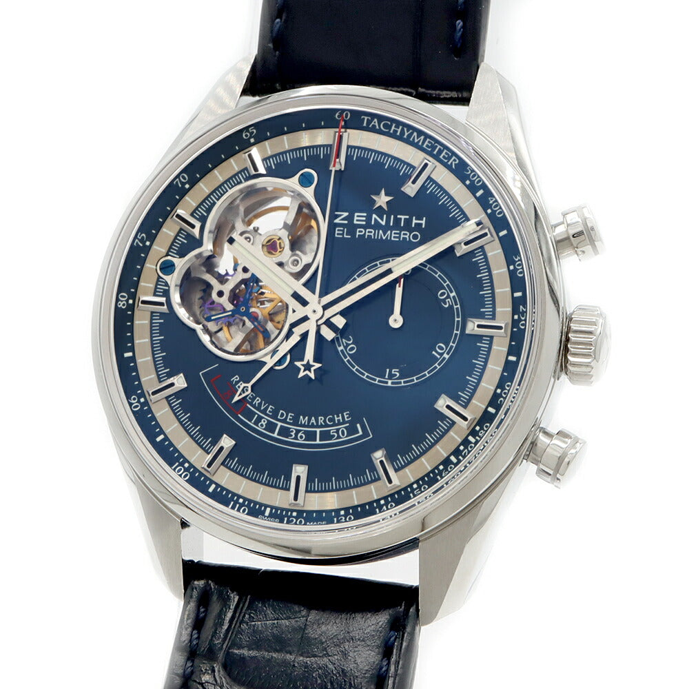 内部点検済 ZENITH ゼニス エルプリメロ クロノマスター オープン パワーリザーブ トリビュート シャルル ベルモ 限定1975本 03.2085.4021 クロノグラフ 100m防水 青 ブルー SS ステンレス 純正ベルト 純正尾錠 メンズ 自動巻き【6ヶ月保証】【腕時計】【中古】