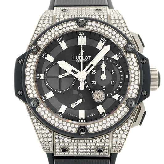 HUBLOT King Power Split Seconds Zirconium Diamond 709.ZX.1770RX.1704 Diamond Bezel Lug Diamond Chronograph Power Reserve Black Black Carbon Ti Titanium Genuine Belt Genuine Buckle Men's Automatic Winding [6 Month Warranty] [Watch] [Used]