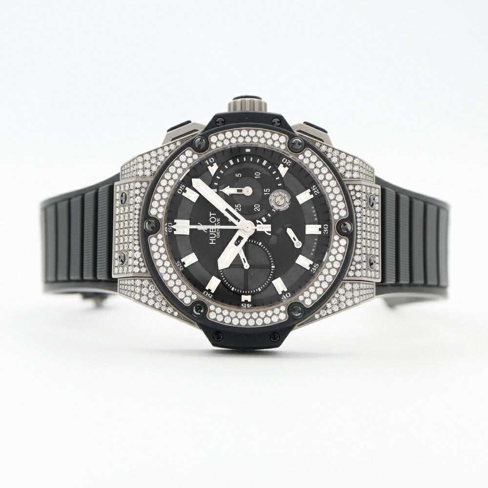 HUBLOT King Power Split Seconds Zirconium Diamond 709.ZX.1770RX.1704 Diamond Bezel Lug Diamond Chronograph Power Reserve Black Black Carbon Ti Titanium Genuine Belt Genuine Buckle Men's Automatic Winding [6 Month Warranty] [Watch] [Used]