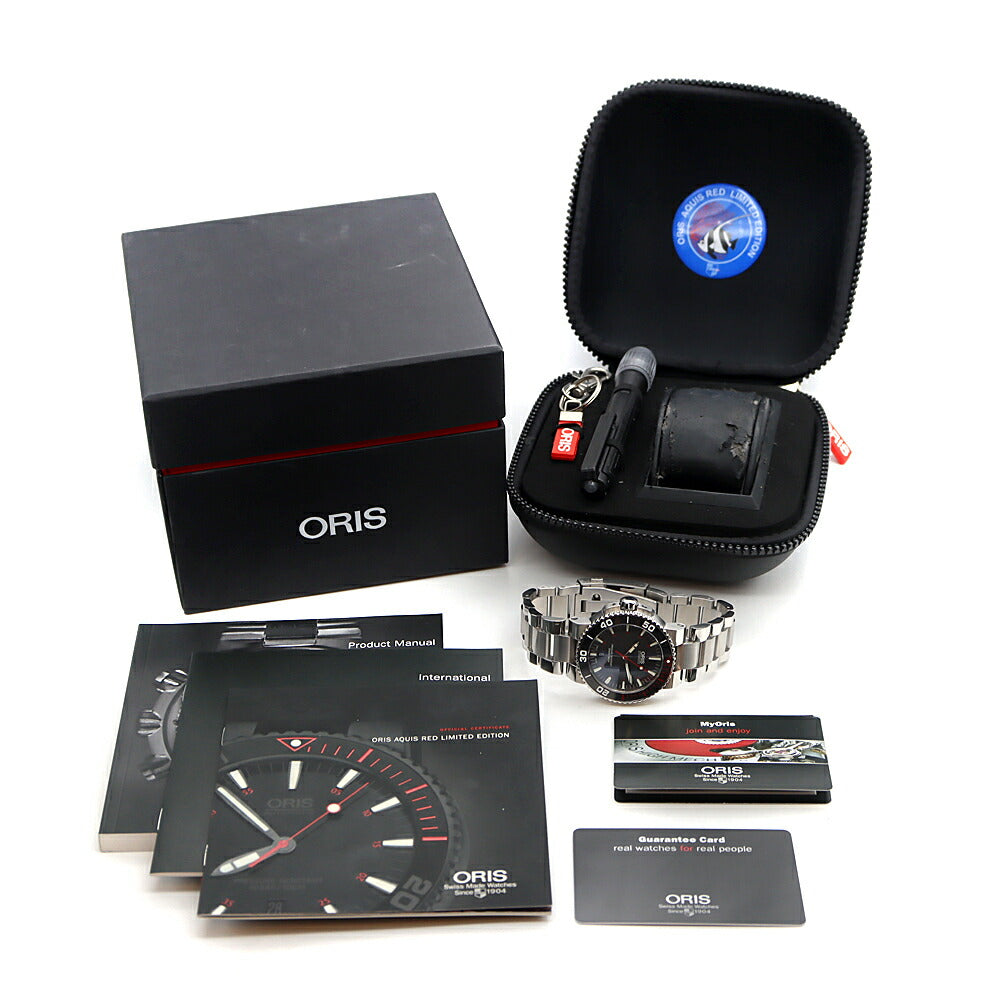 内部点検済 ORIS オリス アクイス レッドリミテッドエディション 01 733 7653 4183-Set MB デイト 300m防水 グレー SS ステンレス メンズ 自動巻き【6ヶ月保証】【腕時計】【中古】