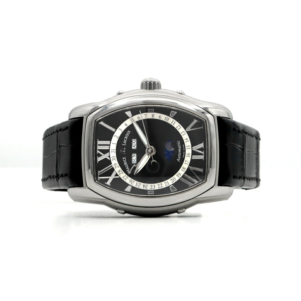内部点検済 MAURICE LACROIX モーリスラクロア マスターピース ムーンフェイズ トノー MP6439 トリプルカレンダー 裏スケ 黒 ブラック SS ステンレス 純正ベルト 純正尾錠 メンズ 自動巻き【6ヶ月保証】【腕時計】【中古】