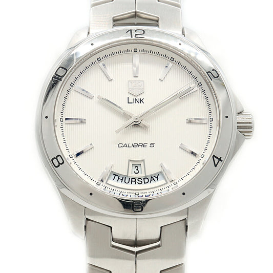 TAG Heuer Link Caliber 5 WAT2011 100m Water Resistant Day Date Silver SS Stainless Steel Men's Automatic Winding [6 Month Warranty] [Watch] [Used]