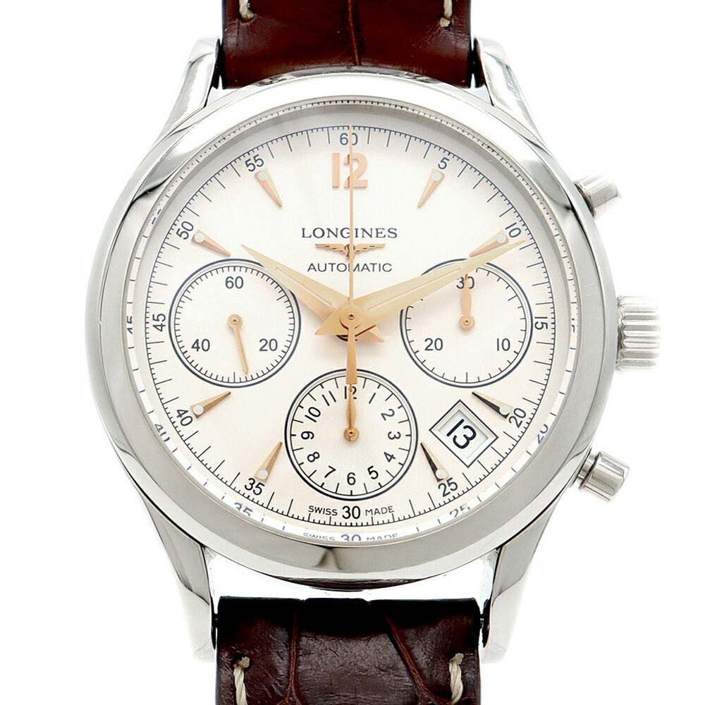 内部点検済 LONGINES ロンジン ヘリテージ コラムホイール クロノグラフ L2.742.4 デイト 裏スケ ホワイト SS ステンレス 純正尾錠 純正ベルト メンズ 自動巻き【6ヶ月保証】【腕時計】【中古】