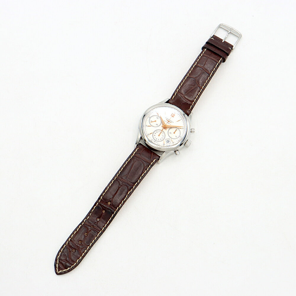 内部点検済 LONGINES ロンジン ヘリテージ コラムホイール クロノグラフ L2.742.4 デイト 裏スケ ホワイト SS ステンレス 純正尾錠 純正ベルト メンズ 自動巻き【6ヶ月保証】【腕時計】【中古】