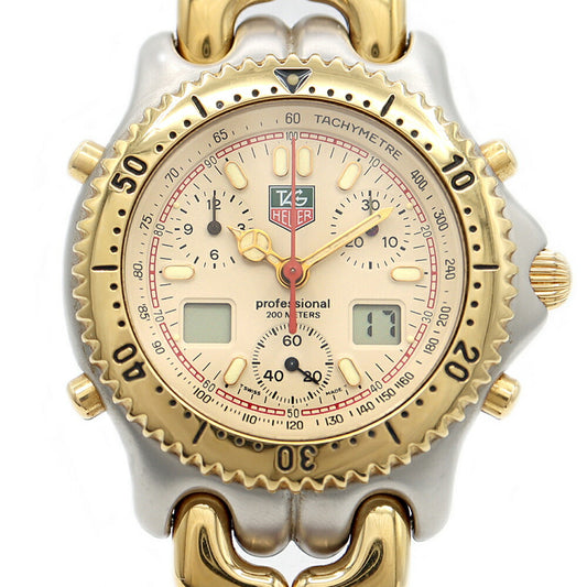 Battery replaced TAG Heuer S/EL Cell Professional Chronograph S25.706 Date 200m Water Resistant Ivory SS Stainless YGP Yellow Gold Combination Genuine Buckle Genuine Belt Men's Digi Ana Quartz [6 Month Warranty] [Watch] [Used]