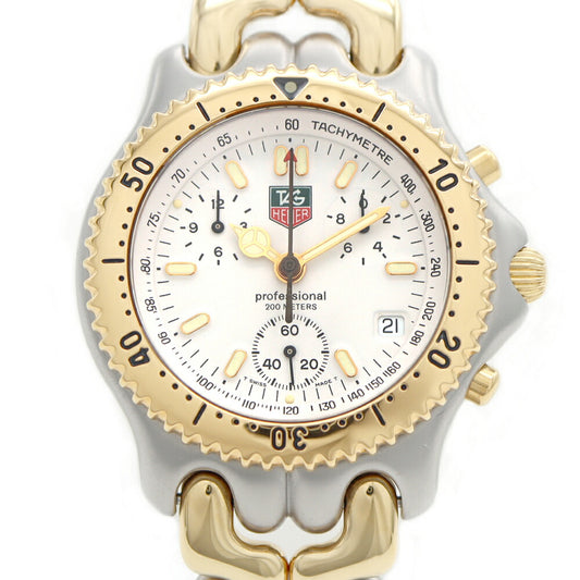 Battery replaced TAG Heuer S/EL Cell Professional Chronograph S35.006 Date 200m Water Resistant White SS Stainless Steel YGP Yellow Gold Combination Men's Quartz [6 Month Warranty] [Watch] [Used]