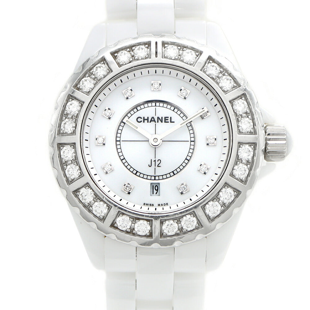 電池交換済 CHANEL シャネル J12 ダイヤベゼル H2429 11Pダイヤ 純正ダイヤモンド 200m防水 デイト 白 ホワイト CE セラミック SS ステンレス レディース クォーツ【6ヶ月保証】【腕時計】【中古】