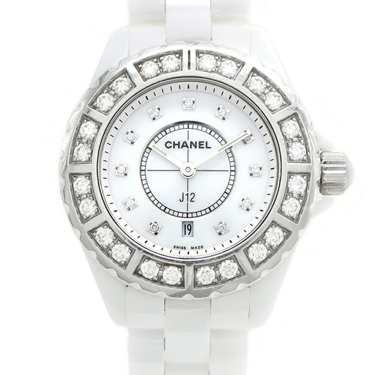電池交換済 CHANEL シャネル J12 ダイヤベゼル H2429 11Pダイヤ 純正ダイヤモンド 200m防水 デイト 白 ホワイト CE セラミック SS ステンレス レディース クォーツ【6ヶ月保証】【腕時計】【中古】