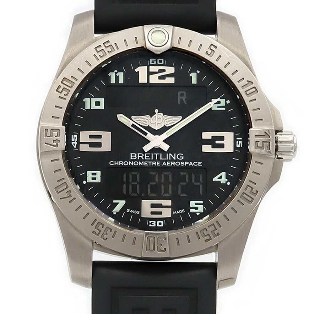 電池交換済 BREITLING ブライトリング エアロスペース エヴォ E79363 クロノグラフ アラーム 100m防水 黒 ブラック Ti チタン 純正ベルト 純正尾錠 メンズ デジアナ クォーツ【6ヶ月保証】【腕時計】【中古】