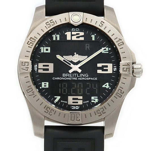 電池交換済 BREITLING ブライトリング エアロスペース エヴォ E79363 クロノグラフ アラーム 100m防水 黒 ブラック Ti チタン 純正ベルト 純正尾錠 メンズ デジアナ クォーツ【6ヶ月保証】【腕時計】【中古】