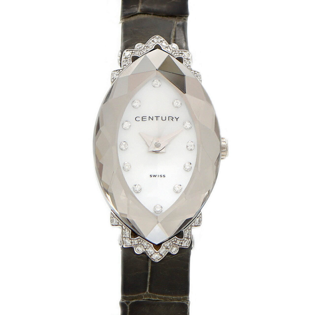 電池交換済 CENTURY センチュリー プリマドンナ カットガラス 12Pダイヤ ラグダイヤ ダイヤモンド 100m防水 白 ホワイトシェル K18WG ホワイトゴールド 純正ベルト 純正尾錠 レディース クォーツ【6ヶ月保証】【腕時計】【中古】