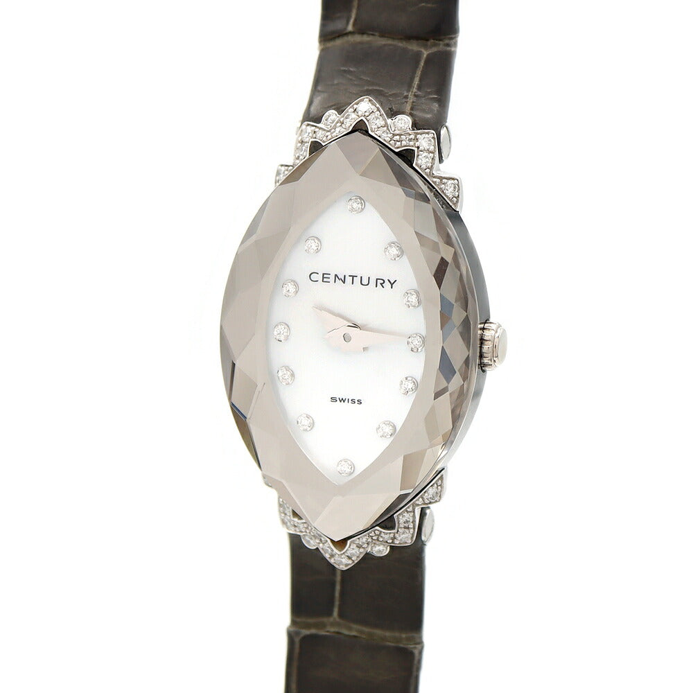電池交換済 CENTURY センチュリー プリマドンナ カットガラス 12Pダイヤ ラグダイヤ ダイヤモンド 100m防水 白 ホワイトシェル K18WG ホワイトゴールド 純正ベルト 純正尾錠 レディース クォーツ【6ヶ月保証】【腕時計】【中古】