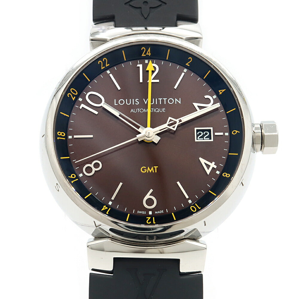 LOUIS VUITTON ルイヴィトン タンブール GMT Q1155 デイト 100m防水 ブラウン SS ステンレス 純正ベルト 純正尾錠 メンズ 自動巻き【6ヶ月保証】【腕時計】【中古】