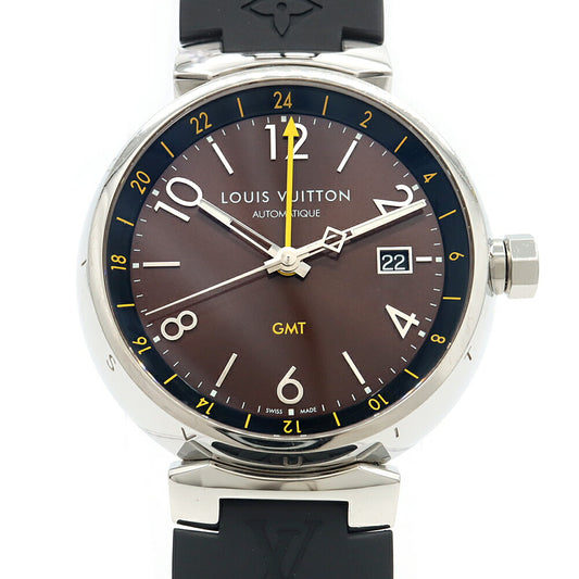 LOUIS VUITTON ルイヴィトン タンブール GMT Q1155 デイト 100m防水 ブラウン SS ステンレス 純正ベルト 純正尾錠 メンズ 自動巻き【6ヶ月保証】【腕時計】【中古】