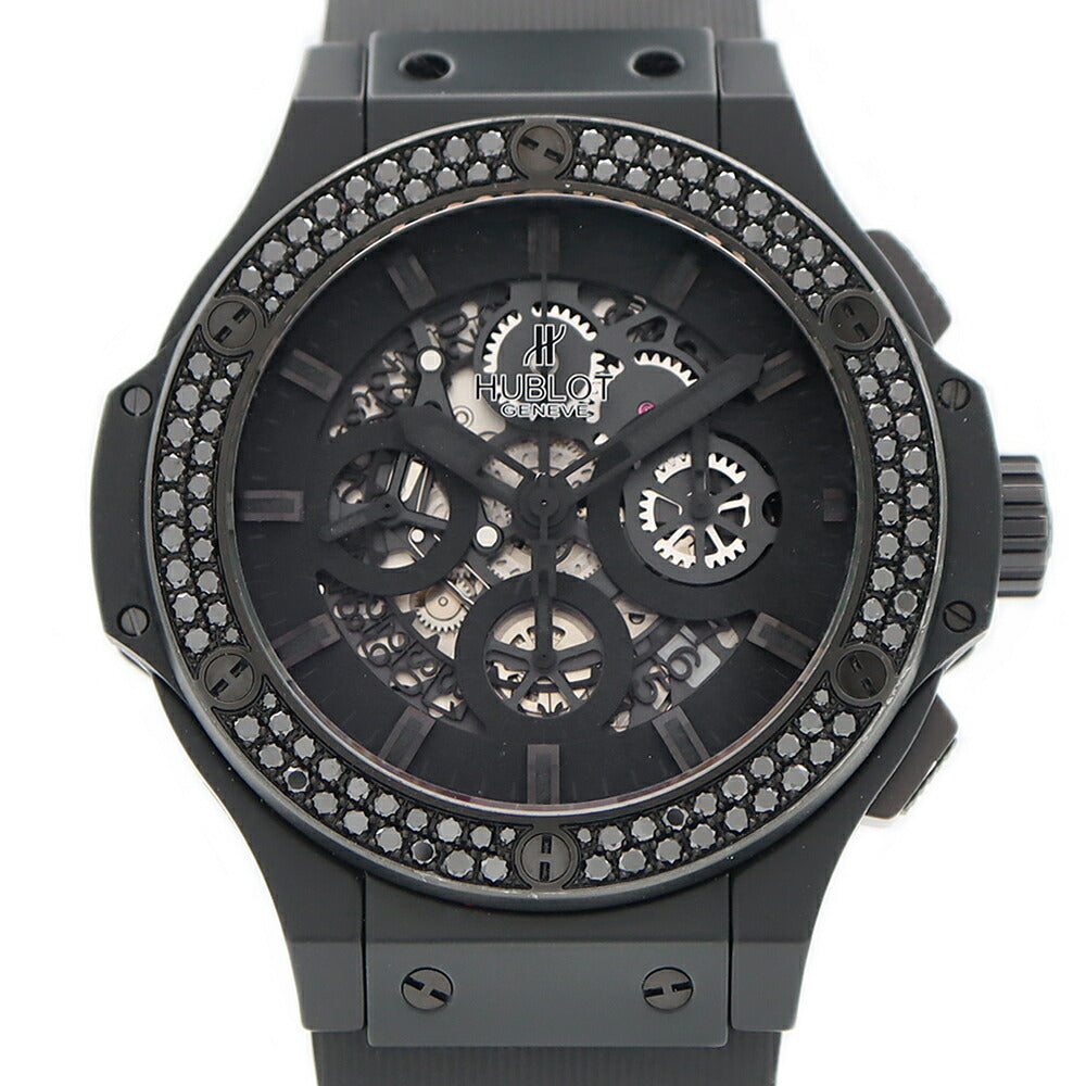 HUBLOT ウブロ ビッグバン アエロバン オールブラッククロノ 純正ブラックダイヤベゼル 311.CI.1110.RX.1100 ダイヤモンド クロノグラフ デイト 黒 ブラック スケルトン CE セラミック Ti チタン 純正ベルト 純正尾錠 メンズ 自動巻き【6ヶ月保証】【腕時計】【中古】