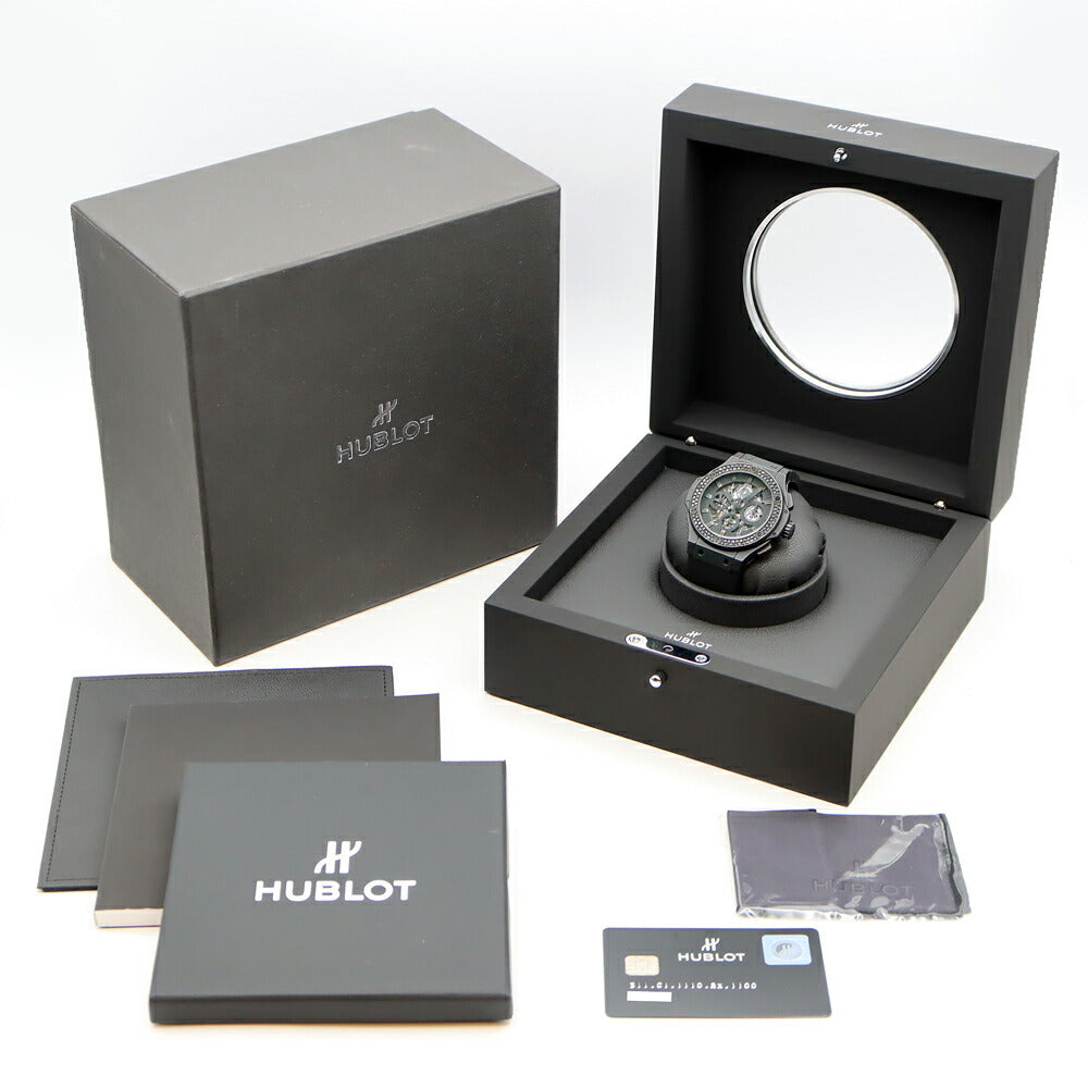 HUBLOT ウブロ ビッグバン アエロバン オールブラッククロノ 純正ブラックダイヤベゼル 311.CI.1110.RX.1100 ダイヤモンド クロノグラフ デイト 黒 ブラック スケルトン CE セラミック Ti チタン 純正ベルト 純正尾錠 メンズ 自動巻き【6ヶ月保証】【腕時計】【中古】