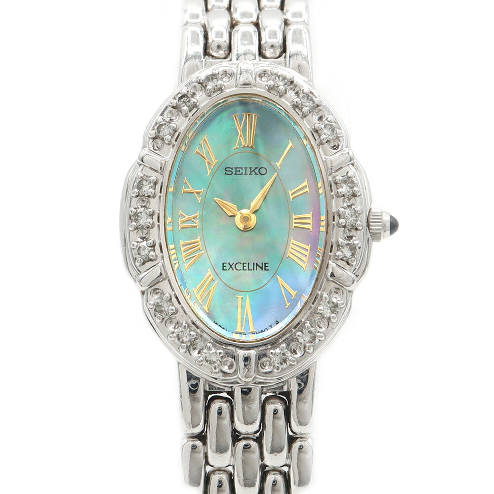 電池交換済 SEIKO セイコー エクセリーヌ ダイヤベゼル 1F20-6D80 ダイヤモンド 青 ブルーシェル SS ステンレス レディース クォーツ【6ヶ月保証】【腕時計】【中古】