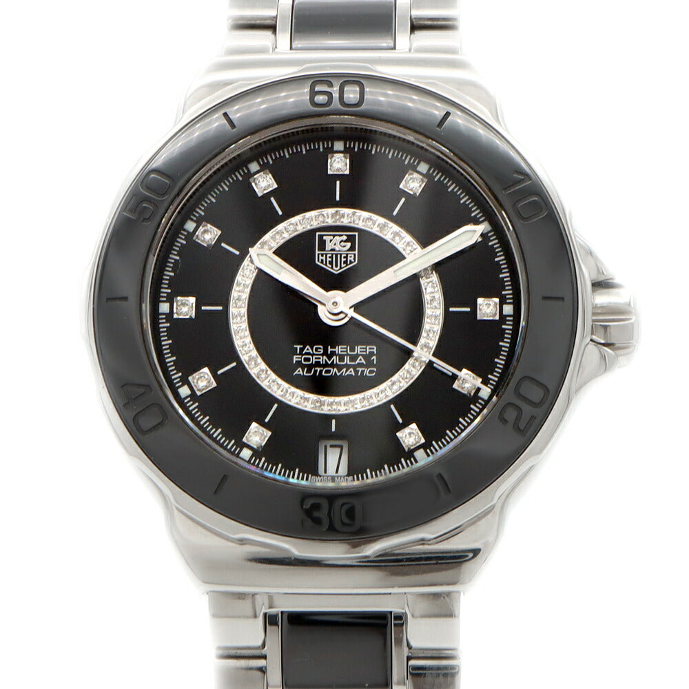 TAG Heuer タグホイヤー フォーミュラ1 レディ サークルダイヤ WAU2210 11Pダイヤ ダイヤモンド デイト 裏スケ 200m防水 黒 ブラック CE セラミック SS ステンレス レディース 自動巻き【6ヶ月保証】【腕時計】【中古】