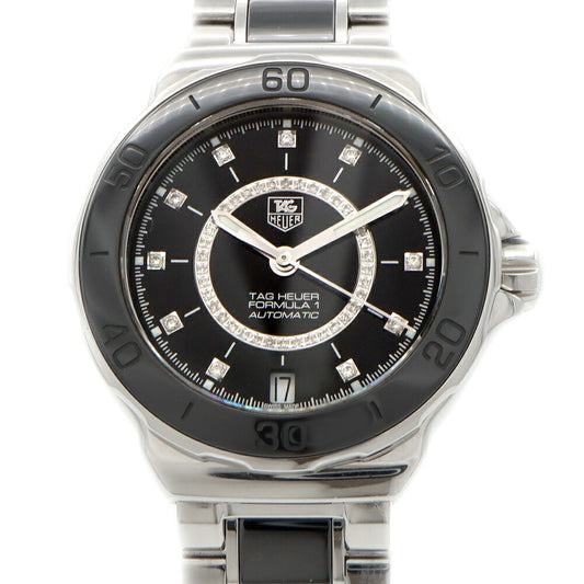 TAG Heuer タグホイヤー フォーミュラ1 レディ サークルダイヤ WAU2210 11Pダイヤ ダイヤモンド デイト 裏スケ 200m防水 黒 ブラック CE セラミック SS ステンレス レディース 自動巻き【6ヶ月保証】【腕時計】【中古】