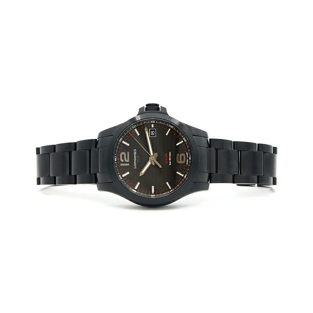 電池交換済 LONGINES ロンジン コンクエスト VHP L3.716.2 デイト 50m防水 パーペチュアルカレンダー 黒 ブラック SS ステンレス メンズ クォーツ【6ヶ月保証】【腕時計】【中古】