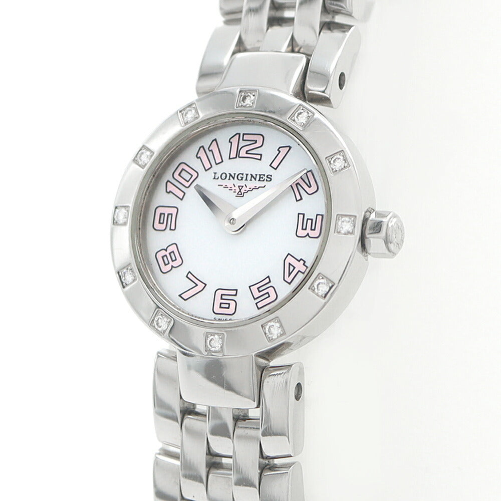 電池交換済 LONGINES ロンジン ドルチェビータ 12Pダイヤベゼル L5.174.0 ダイヤモンド 白 ホワイトシェル SS ステンレス レディース クォーツ【6ヶ月保証】【腕時計】【中古】