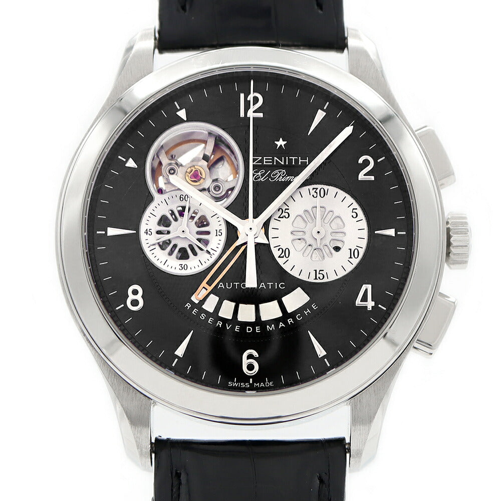 ZENITH ゼニス クラスオープン エルプリメロ 03.0510.4021 クロノグラフ パワーリザーブ 黒 ブラック SS ステンレス 純正ベルト 純正尾錠 メンズ 自動巻き【6ヶ月保証】【腕時計】【中古】
