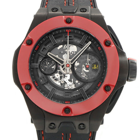 HUBLOT ウブロ ビッグバン ウニコ フェラーリ カーボン レッドセラミック 世界500本限定 402.QF.0110.WR クロノグラフ 100m防水 デイト 裏スケ 黒 ブラック スケルトン CE セラミック 純正ベルト 純正尾錠 メンズ 自動巻き【6ヶ月保証】【腕時計】【中古】