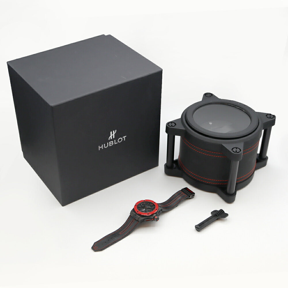 HUBLOT ウブロ ビッグバン ウニコ フェラーリ カーボン レッドセラミック 世界500本限定 402.QF.0110.WR クロノグラフ 100m防水 デイト 裏スケ 黒 ブラック スケルトン CE セラミック 純正ベルト 純正尾錠 メンズ 自動巻き【6ヶ月保証】【腕時計】【中古】