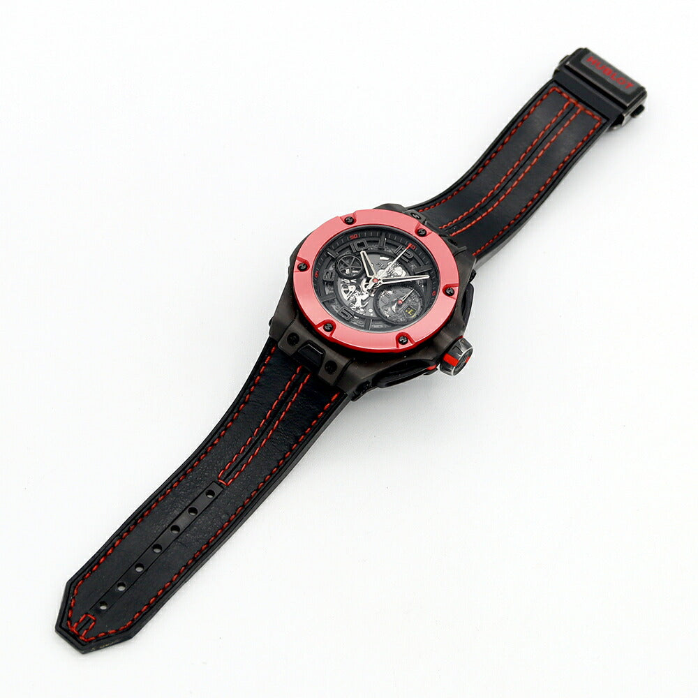 HUBLOT ウブロ ビッグバン ウニコ フェラーリ カーボン レッドセラミック 世界500本限定 402.QF.0110.WR クロノグラフ 100m防水 デイト 裏スケ 黒 ブラック スケルトン CE セラミック 純正ベルト 純正尾錠 メンズ 自動巻き【6ヶ月保証】【腕時計】【中古】