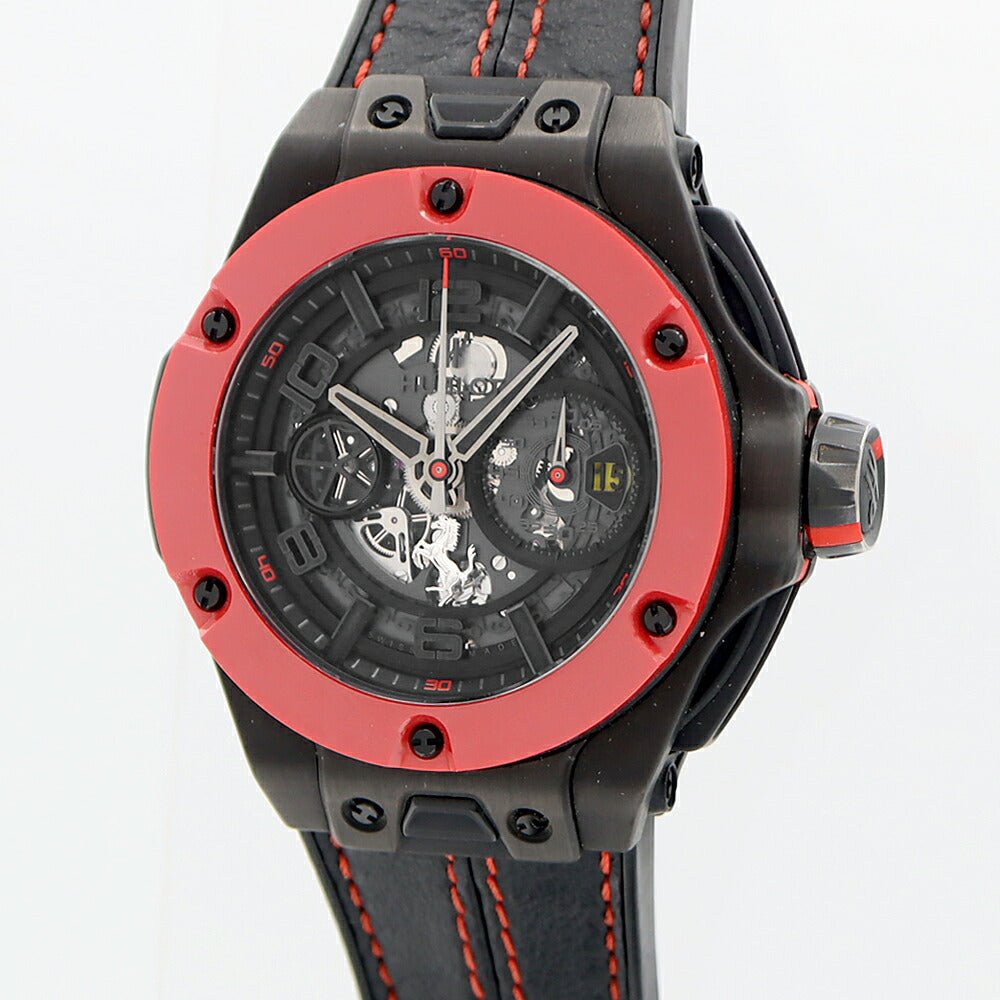 HUBLOT ウブロ ビッグバン ウニコ フェラーリ カーボン レッドセラミック 世界500本限定 402.QF.0110.WR クロノグラフ 100m防水 デイト 裏スケ 黒 ブラック スケルトン CE セラミック 純正ベルト 純正尾錠 メンズ 自動巻き【6ヶ月保証】【腕時計】【中古】