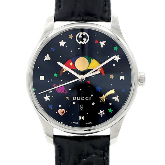 電池交換済 GUCCI グッチ Gタイムレス YA1264091 126.4 ムーンフェイズ デイト 50m防水 黒 ブラック SS ステンレス 純正尾錠 レディース クォーツ【6ヶ月保証】【腕時計】【中古】