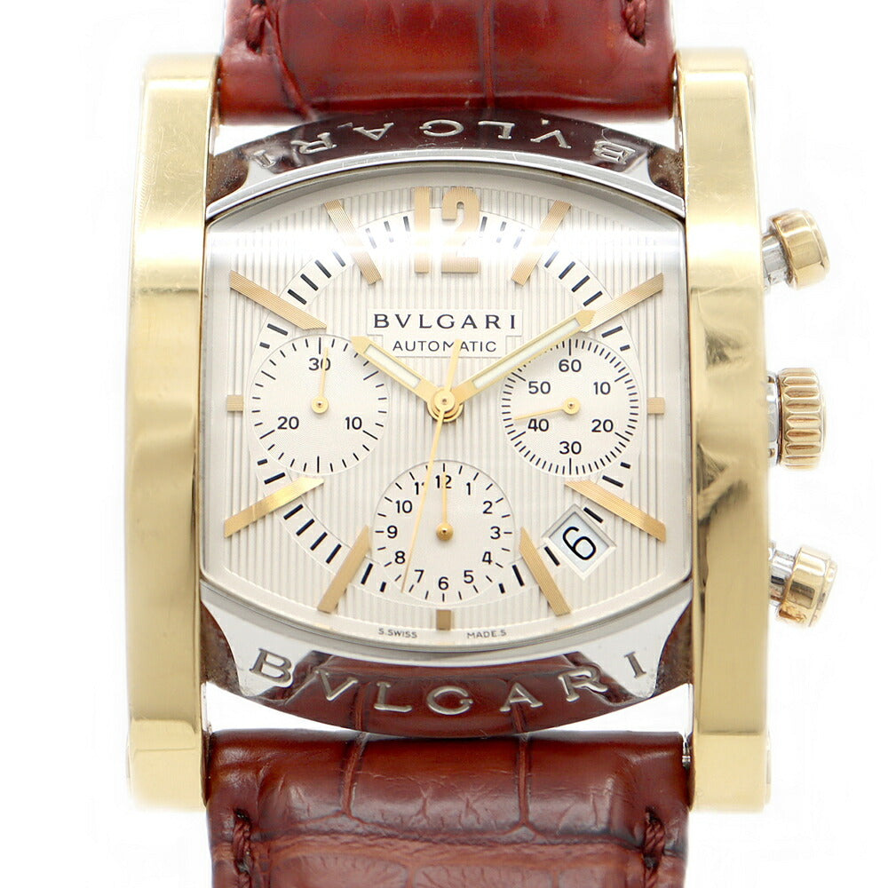 BVLGARI ブルガリ アショーマ クロノグラフ AA48SGCH デイト 30m防水 シルバー K18YG イエローゴールド SS ステンレス コンビ 純正ベルト 純正尾錠 メンズ 自動巻き【6ヶ月保証】【腕時計】【中古】