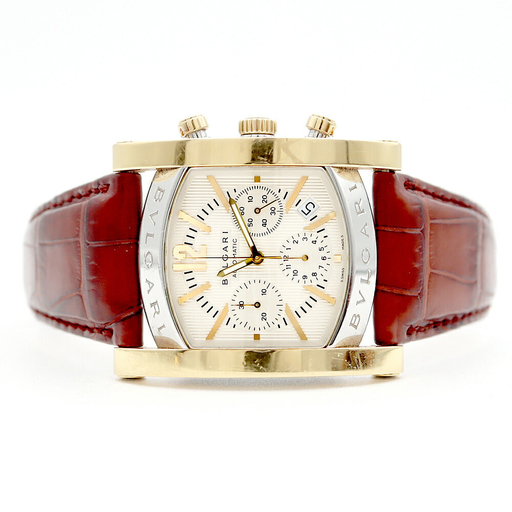 BVLGARI ブルガリ アショーマ クロノグラフ AA48SGCH デイト 30m防水 シルバー K18YG イエローゴールド SS ステンレス コンビ 純正ベルト 純正尾錠 メンズ 自動巻き【6ヶ月保証】【腕時計】【中古】