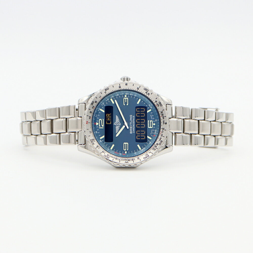 電池交換済 BREITLING ブライトリング クロノスペース A56012 クロノグラフ デイト 青 ブルー SS ステンレス メンズ デジアナ クォーツ【6ヶ月保証】【腕時計】【中古】