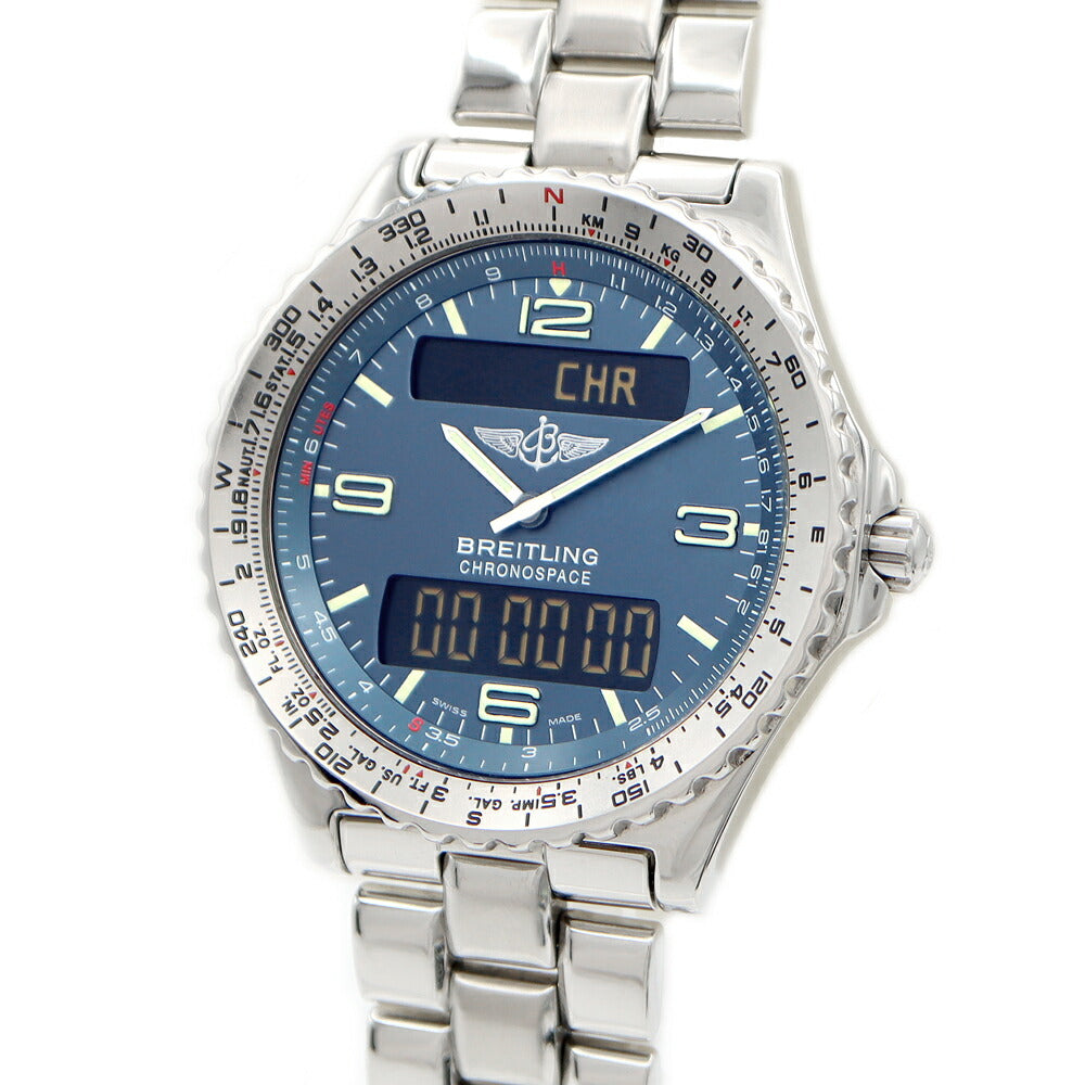 電池交換済 BREITLING ブライトリング クロノスペース A56012 クロノグラフ デイト 青 ブルー SS ステンレス メンズ デジアナ クォーツ【6ヶ月保証】【腕時計】【中古】