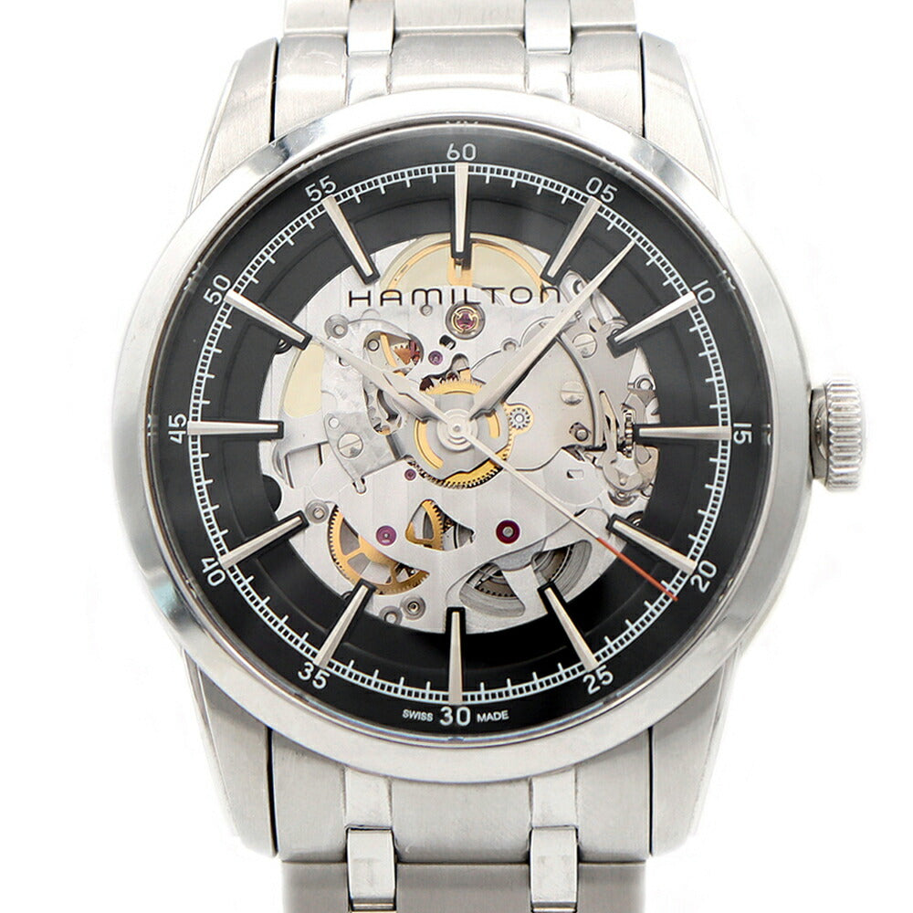 内部点検済 HAMILTON ハミルトン レイルロード H406550 裏スケ スケルトン 黒 ブラック SS ステンレス メンズ 自動巻き【6ヶ月保証】【腕時計】【中古】