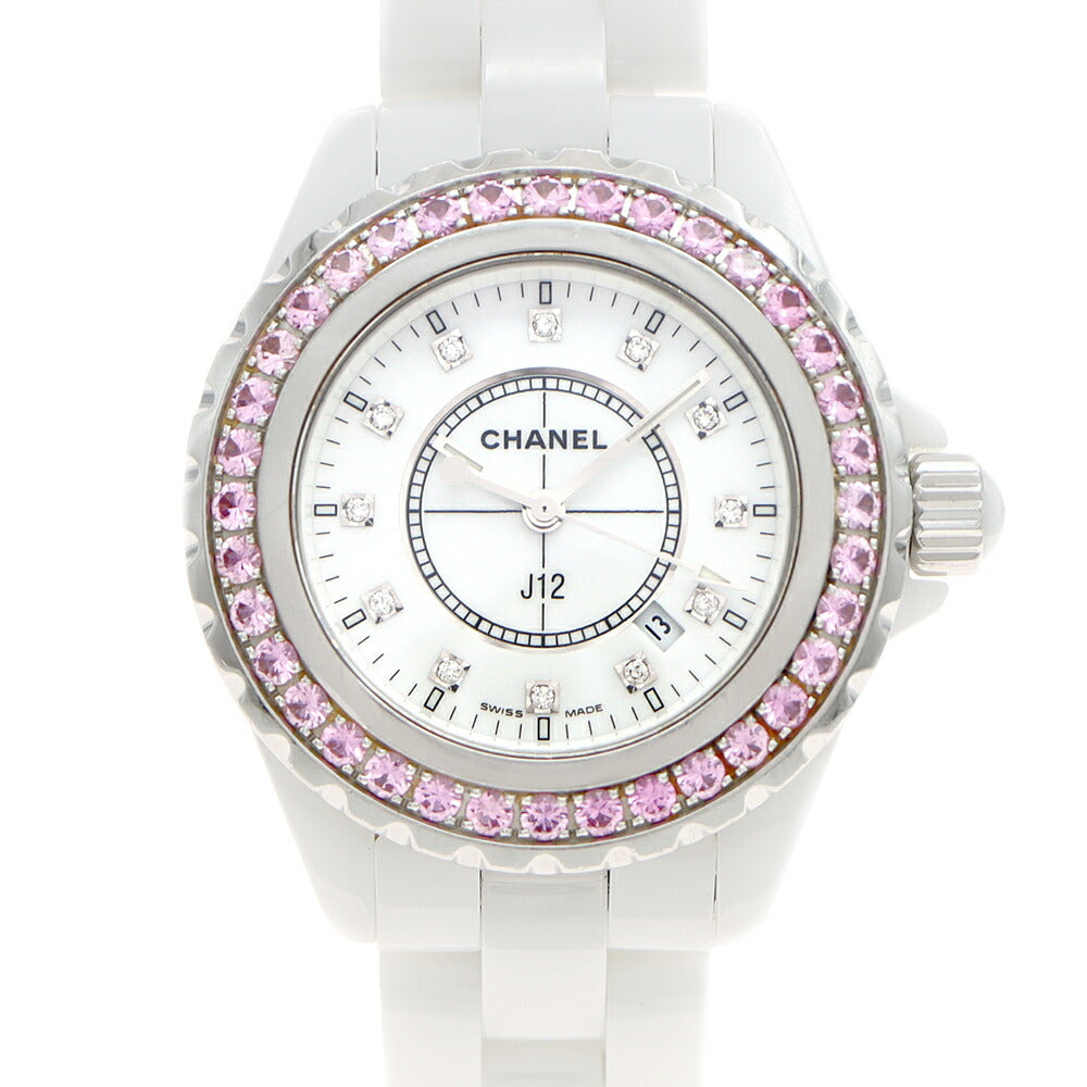 電池交換済 CHANEL シャネル J12 33mm 純正ピンクサファイヤベゼル H2010 ダイヤモンド 純正12Pダイヤ 200m防水 デイト 白 ホワイト CE セラミック SS ステンレス レディース クォーツ【6ヶ月保証】【腕時計】【中古】