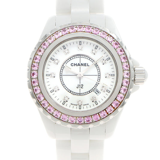 電池交換済 CHANEL シャネル J12 33mm 純正ピンクサファイヤベゼル H2010 ダイヤモンド 純正12Pダイヤ 200m防水 デイト 白 ホワイト CE セラミック SS ステンレス レディース クォーツ【6ヶ月保証】【腕時計】【中古】